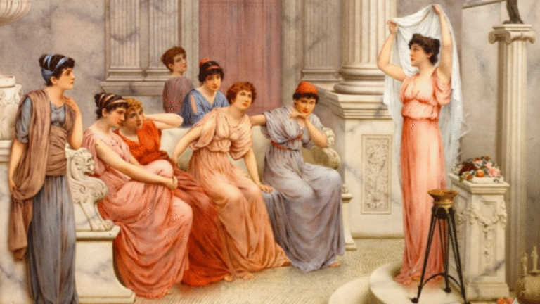 Ilustración clásica de mujeres en un entorno jurídico de la antigüedad, simbolizando la participación femenina en el mundo del derecho