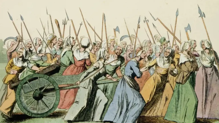 Ilustración histórica de mujeres participando en una revuelta colectiva, armadas y organizadas, símbolo de resistencia y acción política femenina