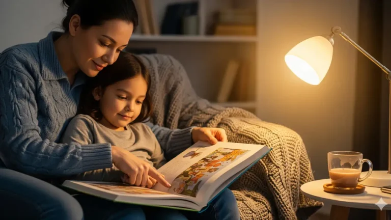 Parent reading a book with a child at home in the evening, symbolizing presence, care, and emotional availability