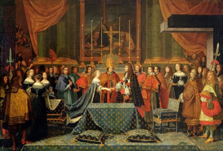 Matrimonio de Luis XIV de Francia con María Teresa de Austria, infanta de España, tras la Paz de los Pirineos en el siglo XVII.