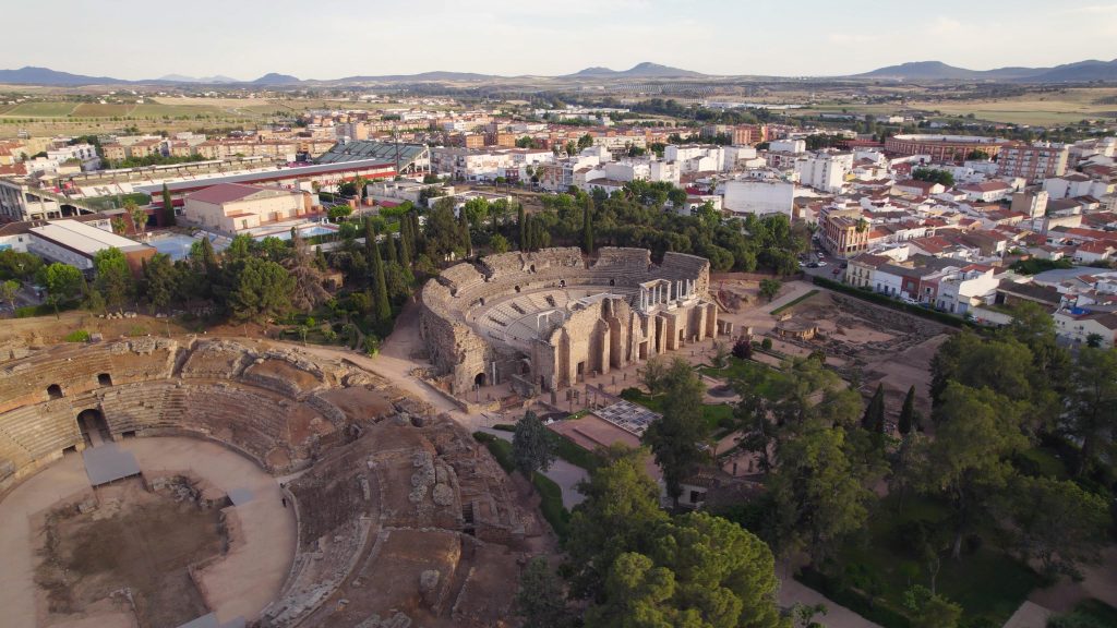 Aerial view of the Roman theatre of Augusta Emerita in Mérida, Spain, founded in 25 BCE by Augustus as a colony for retired Roman legionaries.