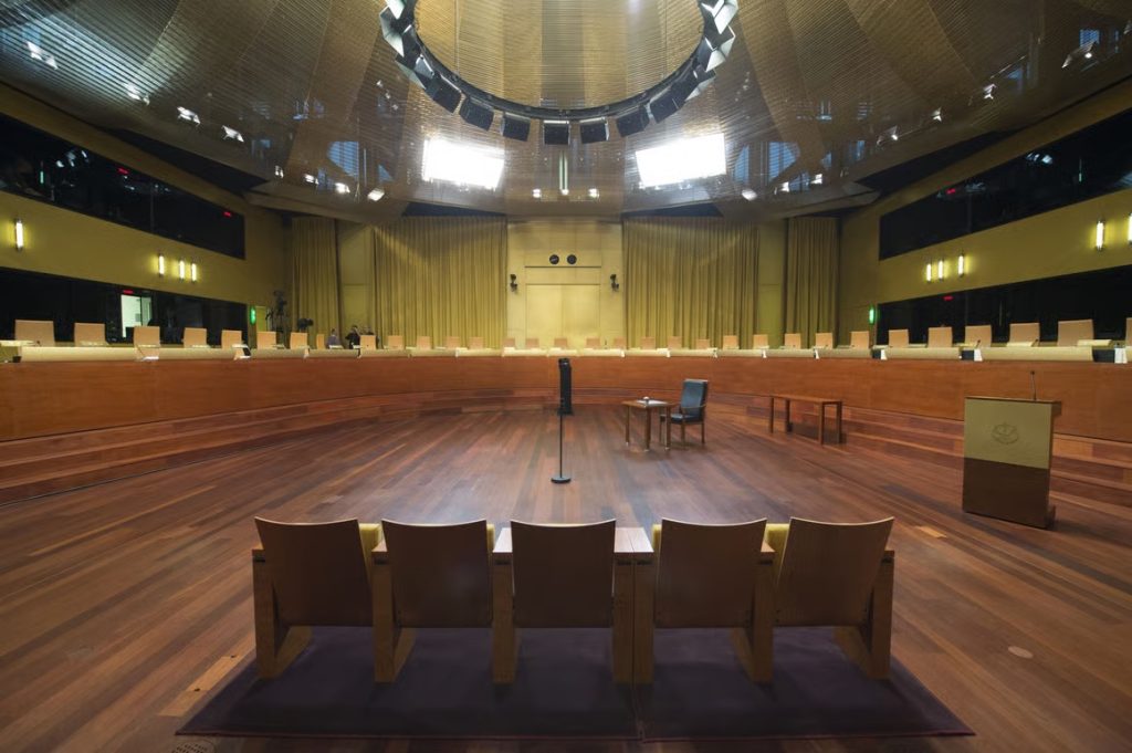 Interior of a European court chamber symbolising procedural guarantees, institutional justice and the rule of law in Europe