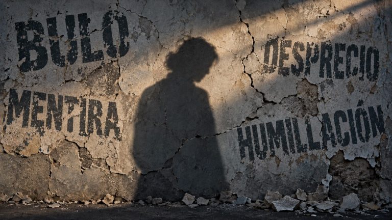 Sombra humana sobre un muro agrietado con las palabras bulo,