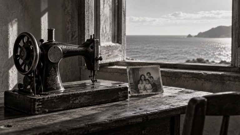 Máquina de coser antigua y fotografía familiar sobre una mesa de madera, junto a una ventana